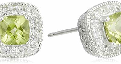 Sterling Silver Genuine Peridot and Created White Sapphire Halo Cushion Stud Earrings
