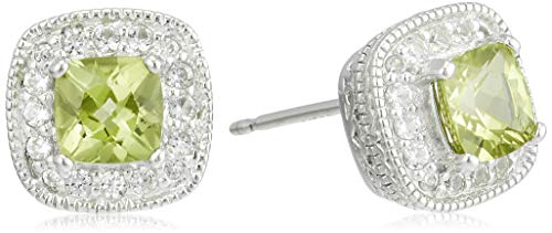 Sterling Silver Genuine Peridot and Created White Sapphire Halo Cushion Stud Earrings