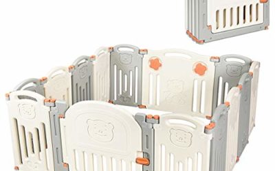 Costzon Baby Playpen, 14-Panel Foldable Kids Safety Activity Center Playard w/Locking Gate, Non-Slip Rubber Mats, Adjustable Shape, Portable Design for Indoor Outdoor Use (Beige + Gray, 14-Panel)