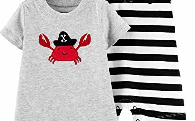 Carter's Baby Boy's 2 Pack Cotton Romper Creeper Set (Black Stripe/Heather/Red Crab, 18 Months)