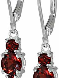 Sterling Silver Genuine Garnet 5mm and 3mm Three Stone January Birthstone Leverback Dangle Earrings