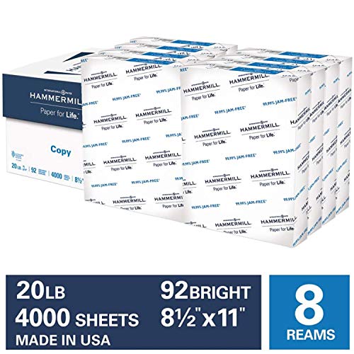 Hammermill 20lb Copy Paper, 8.5 x 11, 8 Ream Case, 4,000 Sheets, Made in USA, Sustainably Sourced From American Family Tree Farms, 92 Bright, Acid Free, Economical Multipurpose Printer Paper, 113640C