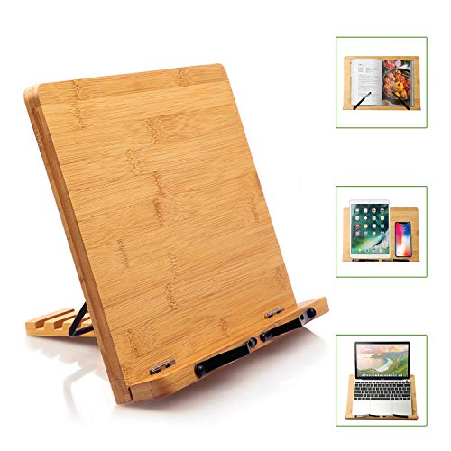 Bamboo Book Stand Cookbook Holder Desk Reading with 5 Adjustable Height, Foldable and Portable Kitchen Wooden Cooking Bookstands for Textbook, Recipe, Magazine, Laptop, Tablet by Pipishell