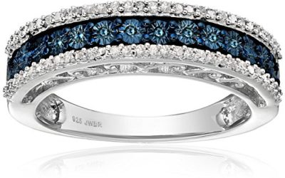 Jewelili Sterling Silver Blue and White Diamond Anniversary Ring (1/10 cttw,), Size 7