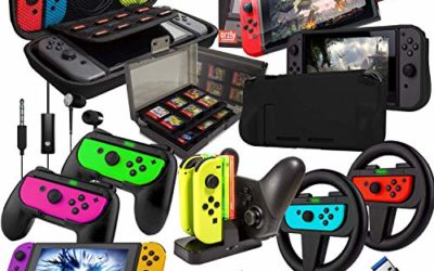 Switch Accessories Bundle – Orzly Geek Pack for Nintendo Switch: Case & Screen Protector, Joycon Grips & Racing Wheels, Switch Controller Charge Dock, Comfort Grip Case & More – JetBlack