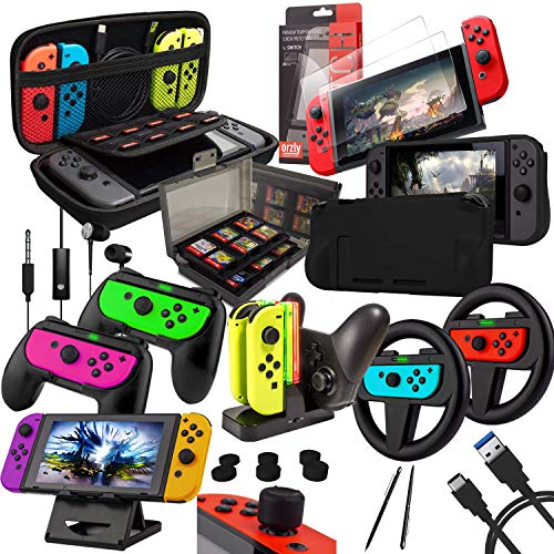 Switch Accessories Bundle – Orzly Geek Pack for Nintendo Switch: Case & Screen Protector, Joycon Grips & Racing Wheels, Switch Controller Charge Dock, Comfort Grip Case & More – JetBlack