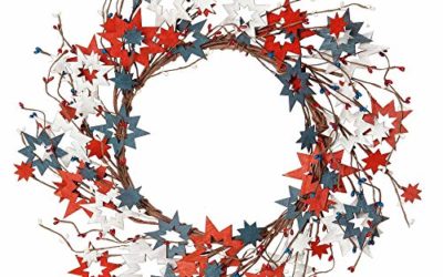Skrantun 18 Inch 4th of July Wreath Independent Day Wreath for Front Door with Wood Star National Flag Decorations