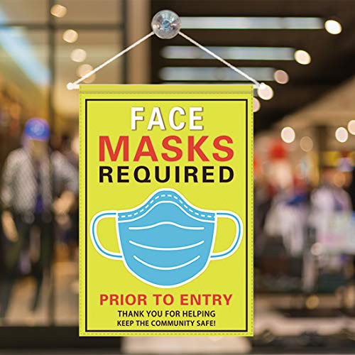 Social Distancing Sign Flag with Super Suction Cup – Face Masks Required Prior to Entry Flag for Wall Window Any Smooth Surface, 18"x12.5" Yellow