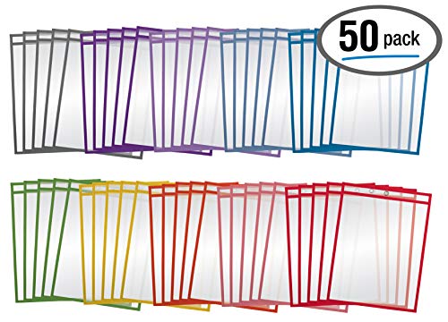 Dry Erase Pocket Sleeves, 50 Count, Crystal Clear, by Better Office Products, Oversized, 10.25" x 13.75", Heavy Duty Dry Erase Pocket Sheet Protectors, Reusable Pockets with 10 Assorted Colors,50 Pack