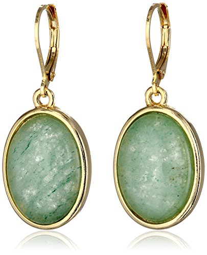 1928 Jewelry "Semi-Precious Collection" 14k Gold Dipped Aventurine Oval Drop Earrings