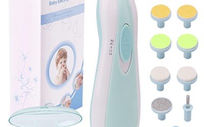 Baby Nail File Electric Nail Trimmer Manicure Set with Nail Clippers, Toes Fingernails Care Trim Polish Grooming Kit Safe for Infant Toddler Kids or Women, LED Light and 10 Grinding Heads (White/Teal)