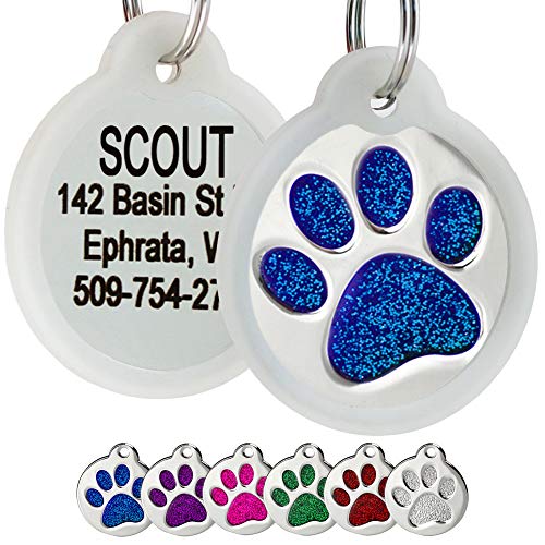 GoTags Paw Print Round Stainless Steel Pet Tag for Dogs and Cats, Personalized with 4 Lines of Custom Engraved ID, in Solid Stainless Steel and 5 Enameled Colors: Blue, Green, Pink, Purple and Red