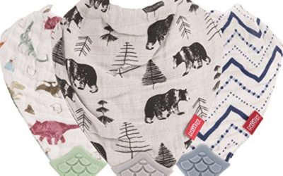Nuby Reversible 100% Natural Cotton Muslin 3 Piece Teething Bib, Green/Grey/Blue, Dinosaur/Bear/Stripes