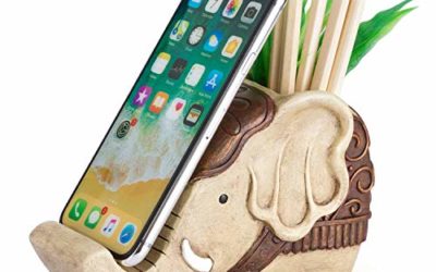 Pen Pencil Holder with Phone Stand, Coolbros Resin Shaped Pen Container Cell Phone Stand Carving Brush Scissor Holder Desk Organizer Decoration for Office Desk Home Decorative (Elephant)
