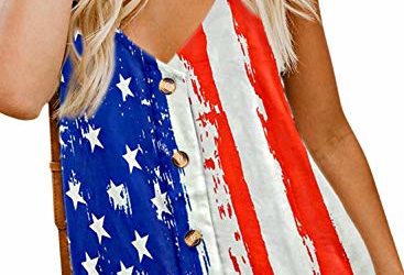 BLENCOT Women's Fourth of July American Flag Tank Tops Independence Day USA Flag Stripe Statue of Liberty Sleeveless Blouses Shirts XXL