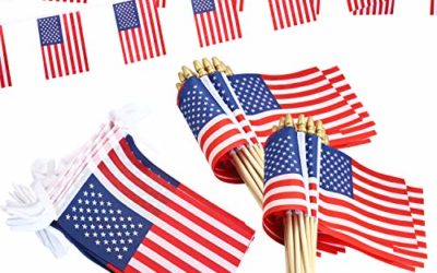 JOYIN 14 Pcs Patriotic Party Supplies of 12 Wooden Stick Handheld American Flag, and 2 Flag Garland for 4th of July Celebration, Independence Day, Memorial Day, Veterans Day, Patriotic Themed Party