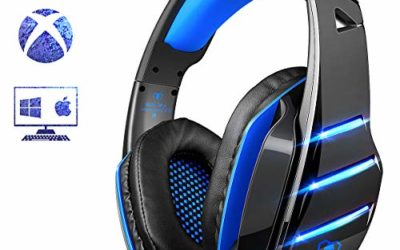 PS4 Gaming Headset with Mic, Beexcellent Newest Deep Bass Stereo Sound Over Ear Headphone with Noise Isolation LED Light for PC Laptop Tablet Mac (Blue)
