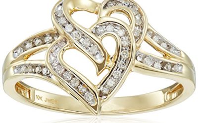 10K Yellow Gold Diamond Double Heart Ring (1/10 cttw), Size 7