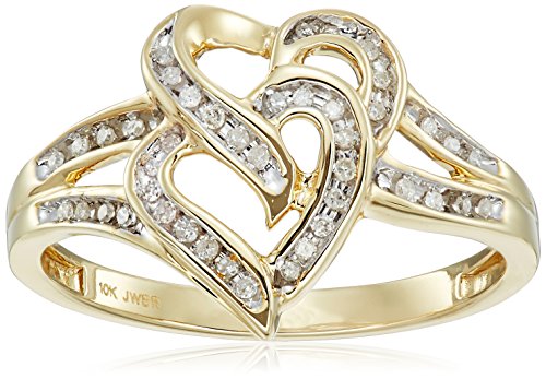 10K Yellow Gold Diamond Double Heart Ring (1/10 cttw), Size 7