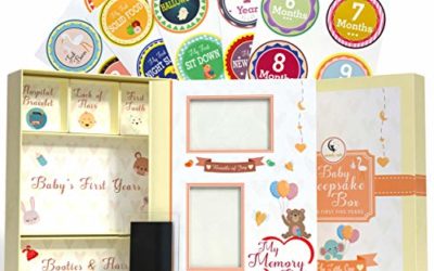 5-in-1 First Five Years Baby Memory Book with Keepsake Box, 30 Monthly Baby Milestone Stickers, Hand/Footprint Kit and Baby Album Pages. Gender Neutral Baby Milestone Book (and Same Gender Parents)