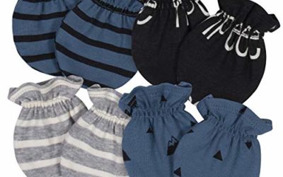 Grow by Gerber Baby Boys Organic 4-Pack Mittens, Black/White/Grey/Blue, Newborn