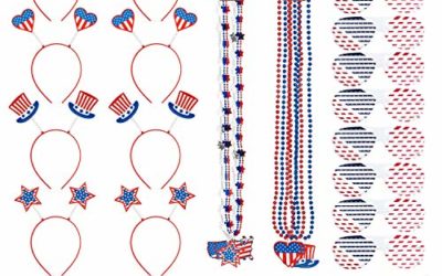 JOYIN 56 Pcs Patriotic Party Favor of 8 Glasses, 8 Headbands, 8 Necklaces, and 32 Tattoo Stickers for 4th of July Celebration, Independence Day Gathering, Memorial Day Commemoration, Veterans Day Honoring, Patriotic Party Favors and Themed Party