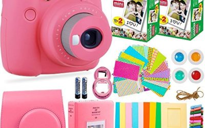 FujiFilm Instax Mini 9 Instant Camera + Fuji Instax Film (40 Sheets) + Accessories Bundle – Carrying Case, Color Filters, Photo Album, Stickers, Selfie Lens + More (Flamingo Pink)