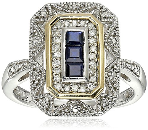 Sterling Silver and 14k Yellow Gold Blue Sapphire and Diamond-Accent Art Deco Style Ring (0.11 cttw, I-J Color, I3 Clarity), Size 9