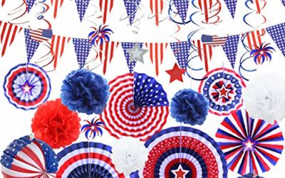 JOYIN 34 Pcs Patriotic Party Supplies 6 Paper Fan, 6 Flower Ball, 2 Flag Ball, 18 Swirl Streamer, 2 Triangle Garland for 4th of July, Independence Day, Memorial Day, Veterans Day Patriotic Party Decor