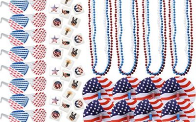 108 4th of July Patriotic American Flag Party Favors Bulk Includes 12 USA Shutter Shade Sunglasses 72 Fourth of July Temporary Tattoos 12 Red Blue and White Bead Necklaces and 12 American Folding Fans
