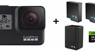 GoPro HERO7 Black Bundle Waterproof Digital Action Camera with Touch Screen (H7 Black + 2 Total Batteries + 64GB SD + Dual Battery Charger)