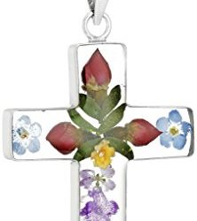 Sterling Silver Pressed Flower Multi-Colored Cross Pendant Necklace, 18"