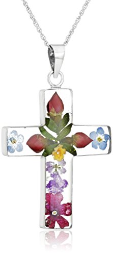 Sterling Silver Pressed Flower Multi-Colored Cross Pendant Necklace, 18"