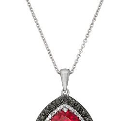 Jewelili Sterling Silver Created Ruby Cushion with Black and White Diamond Accent Pendant Necklace, 18"