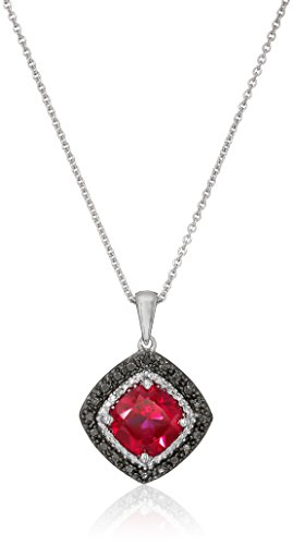 Jewelili Sterling Silver Created Ruby Cushion with Black and White Diamond Accent Pendant Necklace, 18"