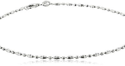 Italian Sterling Silver Rhodium Plated Diamond Cut Oval and Round Beads Mezzaluna Chain Ankle Bracelet, 9"