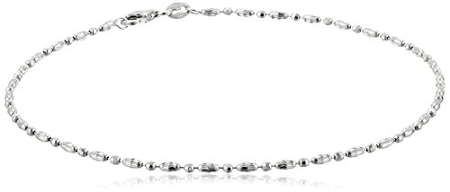 Italian Sterling Silver Rhodium Plated Diamond Cut Oval and Round Beads Mezzaluna Chain Ankle Bracelet, 9"