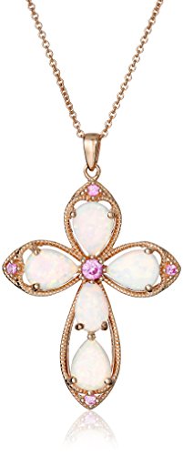 14K Rose Gold over Sterling Silver Created Opal with Created Pink Sapphire Cross Pendant Necklace, 18"