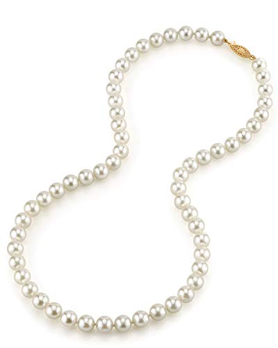 THE PEARL SOURCE 14K Gold 7.5-8.0mm AAA Quality Round Genuine White Japanese Akoya Saltwater Cultured Pearl Necklace in 18" Princess Length for Women