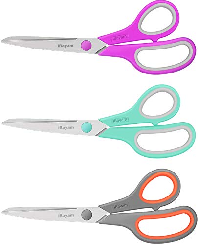 iBayam Scissors, 8" Multipurpose Scissors Bulk 3-Pack, Ultra Sharp Blade Shears, Comfort-Grip Handles, Sturdy Sharp Scissors for Office Home School Sewing Fabric Craft Supplies, Right/Left Handed