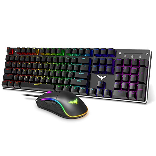 Havit Mechanical Gaming Keyboard and Mouse Combo Blue Switch 104 Keys Rainbow Backlit Keyboards, 4800 Dots Per Inch 7 Button Mouse Wired for PC Gamer Computer Laptop
