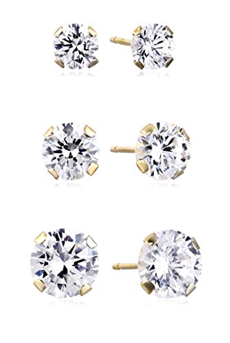 Jewelili 10kt Yellow Gold Three Stud Earrings Set with Round Cut Swarovski Zirconia, 3.5cttw