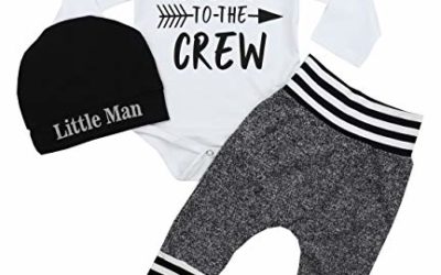 Newborn Baby Boy Clothes New to The Crew Letter Print Romper+Long Pants+Hat 3PCS Outfits Set (White, 3-6 Months)