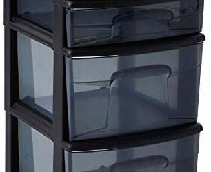 HOMZ Plastic 4 Drawer Medium Cart, Black Frame with Smoke Tint Drawers, Casters Included, Set of 1