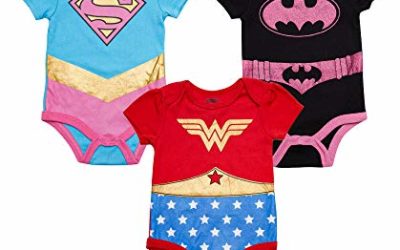 DC Comics Baby Girls Newborn 3 Pack Short Sleeve Bodysuit Wonder Woman Supergirl Batgirl (Blue/Red/Black, 3-6 Months)
