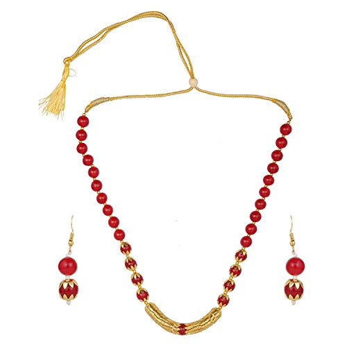 Efulgenz Boho Indian Bollywood Antique Gold Plated Faux Pearl Beaded Bridal Wedding Strand Red Statement Necklace Earrings Jewelry Set