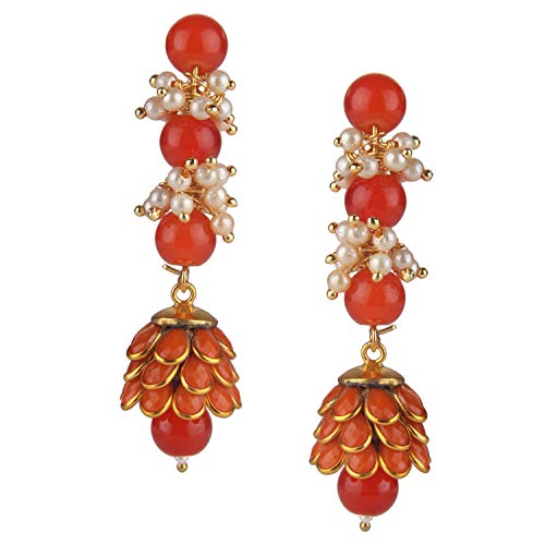 Gold Tone Indian Ethnic Red Paachi Pearl Jhumki Earrings Jewelry for Girls & Women