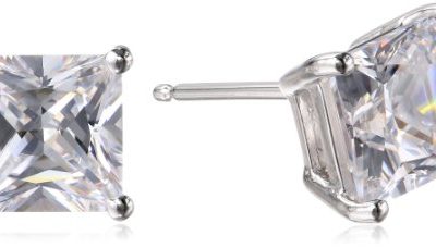 Amazon Essentials Platinum Plated Sterling Silver Princess Cut Cubic Zirconia Stud Earrings (7mm)
