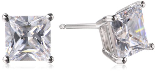 Amazon Essentials Platinum Plated Sterling Silver Princess Cut Cubic Zirconia Stud Earrings (7mm)