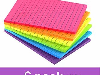 Lined Sticky Notes 4X6 in Bright Ruled Post Stickies Colorful Super Sticking Power Memo Pads Its Strong Adhesive, 6 Pads/Pack, 45 Sheets/pad